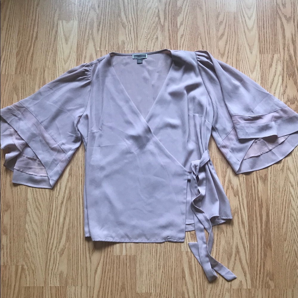 Lavender wrap blouse with wide sleeves